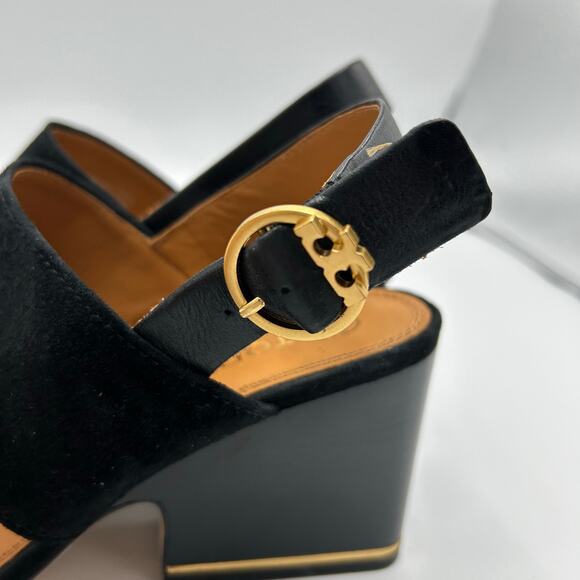 Tory Burch Selby Slingback Wedge Sandals 7.5 Black Suede Leather Gold Buckle - Picture 7 of 16